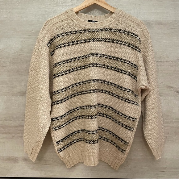 Vintage Oversized Crew Neck Striped Knit Beige Sweater - Picture 2 of 13
